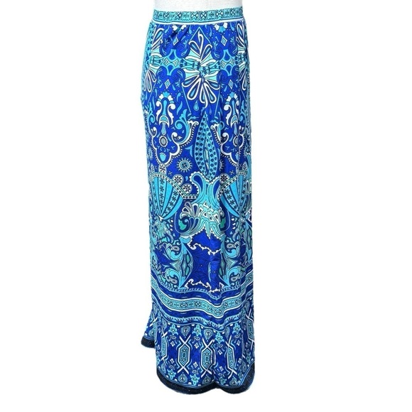 Avenue Blue Maxi Skirt Abstract Geometric Sz 14/16 Turquoise Y2K Stretch - Picture 4 of 10